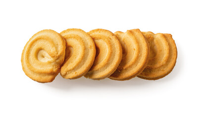 Five shortbread biscuits in a row isolated on a white background. Tasty danish butter сookies macro cutout. Concepts of sweet food and baked danish pastry for breakfast.