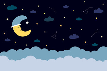Naklejka premium Star night and month, childish graphic illustration. Children's room decoration. Cute baby wallpaper, bedroom design for kids. Vector illustration