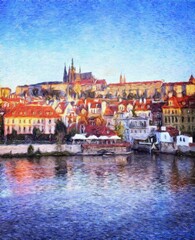 Naklejka na ściany i meble Digital painting modern artistic artwork, Prague Czechia, drawing in oil European famous old street view, beautiful old vintage houses, design print for canvas or paper poster, touristic production