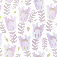 Floral ornament with green leaves, blue and pink flowers on a white background. Seamless pattern for postcard, packaging, wrapping, scrapbooking, wallpaper, design, decoration.