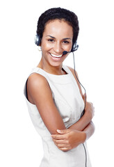 She brightens up anywhere she goes. Studio shot of a young woman wearing a headset isolated on white.