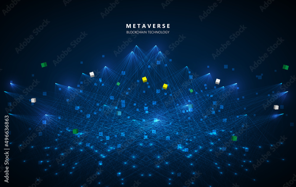 Poster metaverse, virtual reality, augmented reality and blockchain technology, user interface 3d experienc
