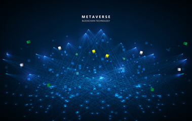 Metaverse, virtual reality, augmented reality and blockchain technology, user interface 3D experience. Word metaverse with world map globe in futuristic environment background.