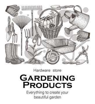 Vector illustration gardening banner template in engraving style. graphic linear rake, shovel, garden wheelbarrow, wicker basket with harvest, sprout, household gloves, rubber boots