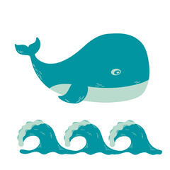 Vector hand-drawn colored simple flat whale and waves in green colors on a white background. Cute animals for print.