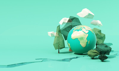 innovative Poster Or Banner Of World Environment Day with low poly tree and cloud and river on the floor with globe earth on green background 3d rendering illustration - 496638207