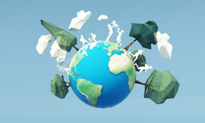 innovative Poster Or Banner Of World Environment Day with low poly tree and cloud and city park on the floor and paper people with globe earth on blue background 3d rendering illustration - obrazy, fototapety, plakaty