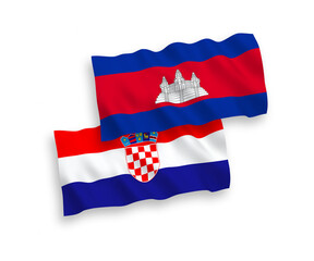 National vector fabric wave flags of Kingdom of Cambodia and Croatia isolated on white background. 1 to 2 proportion.