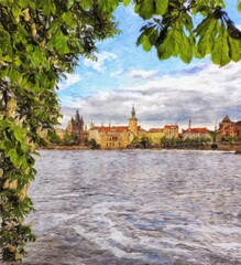Fototapeta premium Digital painting modern artistic artwork, Prague Czechia, drawing in oil European famous old street view, beautiful old vintage houses, design print for canvas or paper poster, touristic production