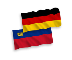 National vector fabric wave flags of Germany and Liechtenstein isolated on white background. 1 to 2 proportion.