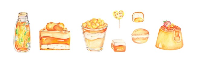 Watercolor mango illustration. Mangoes desserts. Mango lemonade. Sweets, cakes, pudding, panna cotta, cheesecake , candies, cookies, jelly with mango. Watercolor food illustration. Design for cafe