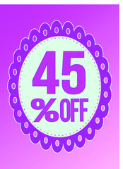 -45 percent discount. 45% discount. Up to 45%. Pink banner with floating balloon for promotions and offers. Vector. Discount and offer board