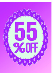 -55 percent discount. 55% discount. Up to 55%. Pink banner with floating balloon for promotions and offers. Vector. Discount and offer board