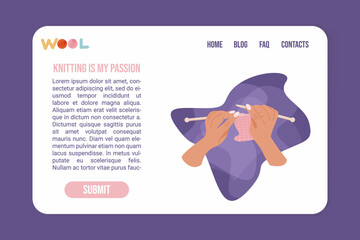 Hobby at home concept illustration. Woman knitting something. Vector illustration for web site or banner. Wool, knitting needles, clew. Woman knit handy goods.