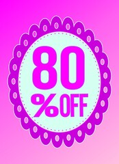 -80 percent discount. 80% discount. Up to 80%. Pink banner with floating balloon for promotions and offers. Vector. Discount and offer board