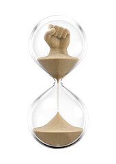 Time for change - 3D illustration of raised fist made of sand inside hourglass isolated on white studio background