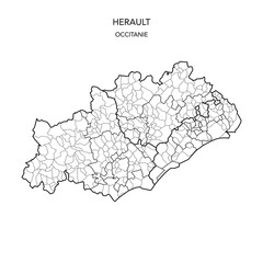 Vector Map of the Geopolitical Subdivisions of the French Department of Hérault Including Arrondissements, Cantons and Municipalities as of 2022 - Occitanie - France