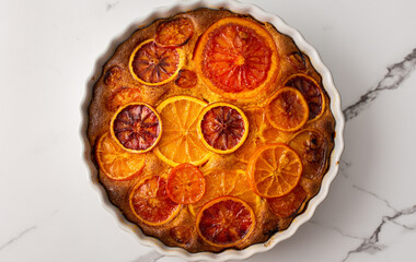 Sweet pie with caramelized citrus fruits in a round ceramic form, top view
