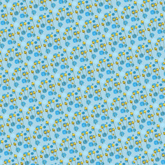 Round yellow flowers and twigs on a bright light blue background. Seamless pattern, background.
