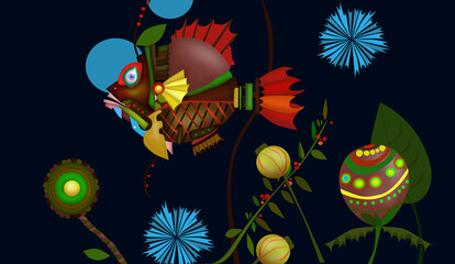 Fantastic fishes and magic flowers on a dark background.