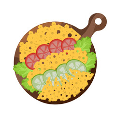 Plate with cheeses, cucumbers, tomatoes,  lettuce leaves on white background. Vector image.