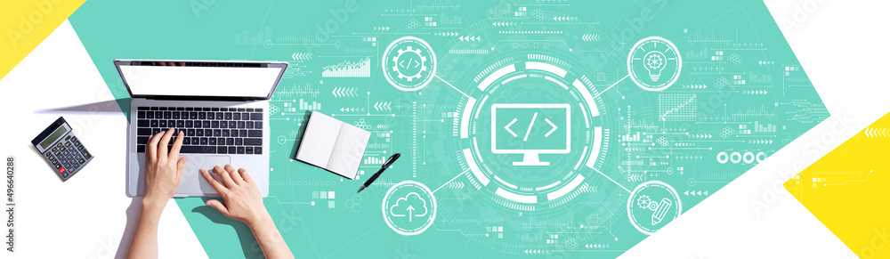 Poster web development concept with person using a laptop computer