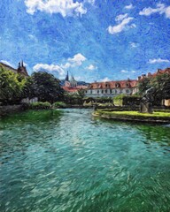 Fototapeta na wymiar Digital painting modern artistic artwork, Prague Czechia, drawing in oil European famous old street view, beautiful old vintage houses, design print for canvas or paper poster, touristic production