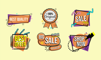 Naklejka premium set of flat design advertising badges on retro theme and brown background. used for banner template