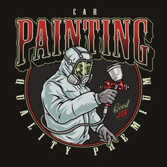 Car painting label with worker