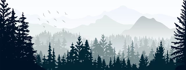 Stoff pro Meter Horizontal banner. Magical misty landscape. Silhouette of forest and mountains, fog. Nature background. Gray and white illustration. ​Bookmark. © Anna