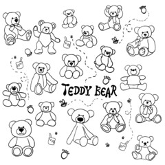 Vector pattern of cartoon teddy bears outline drawing in black isolated on a white background