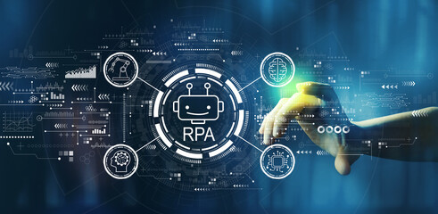 Robotic Process Automation RPA theme with hand pressing a button on a technology screen