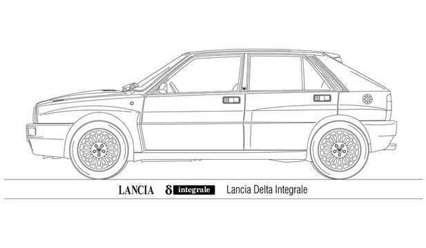 Lancia Delta Integrale Rally vintage car, Italy, outlined illustration on the white background