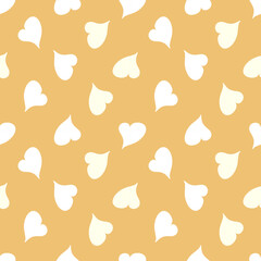 Simple seamless pattern with white hearts. Valentines day background. Design for packaging, notebooks, planner and textiles. Pastel pink, yellow and violet hearts on a yellow background.