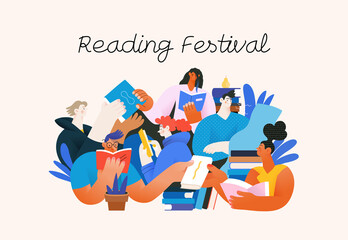 Books graphics -book week events. Modern flat vector concept illustrations of reading people - a group of men and women reading and sharing books and e-books on tablets sitting surrounded by plants