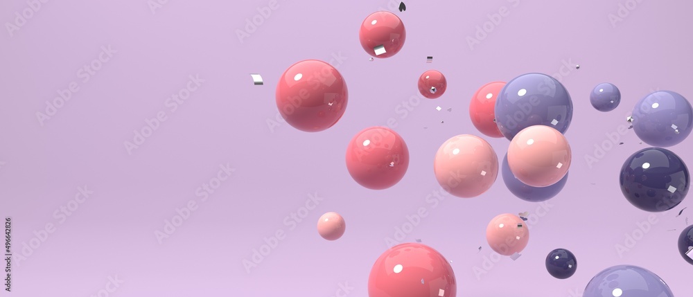 Poster scattered floating colored spheres on a vibrant background - 3d render