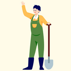 Happy farmer working hard with farmland and mountains in the background, vector illustration