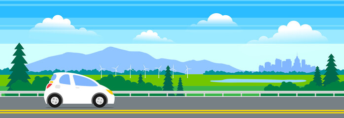 electric car on the road highway landscape background vector illustration - 496643256