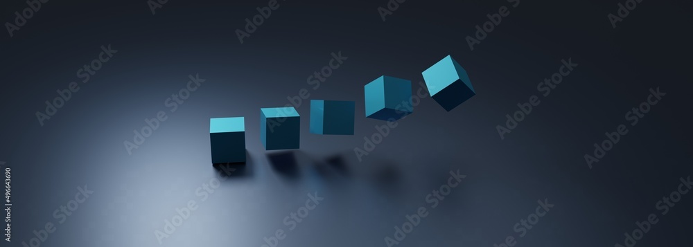 Poster abstract 3d cubes fly on dark background. modern horizontal background or banner with empty space fo
