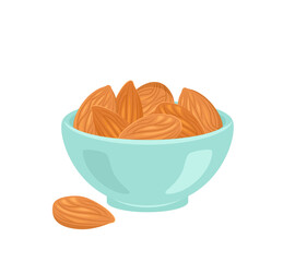 Almond in blue bowl isolated on white. Vector flat illustration of nuts. Food icon.
