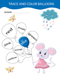 Mouse with balloons vector illustration. Trace line and color page game for kids to study colors. Preschool or kindergarten tracing worksheet with dashed lines.Handwriting practice sheet