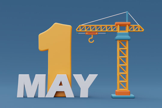 Happy labour day with yellow tower crane on blue background,Construction tools and equipment.3d rendering