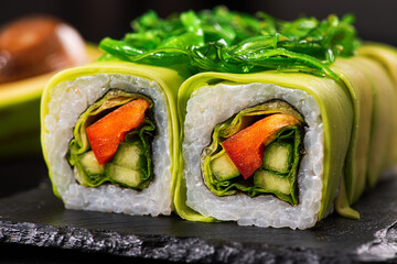 Vegan sushi with vegetables and avocado slice on a black plate.