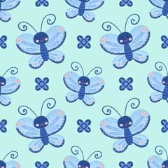 Seamless pattern of cheerful butterflies in flowers