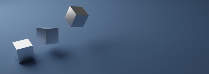 Abstract 3d cubes fly on dark background. Modern horizontal background or banner with empty space for text. 3d rendering.