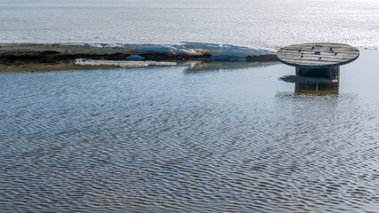 Empty bobbins for winding and transporting cable in lake. Environmental pollution by waste from laying communications.
