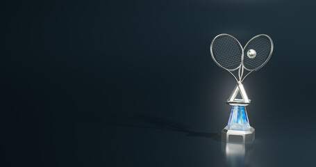 Shiny Tennis Silver Trophy with Racket and Ball on a Dark background