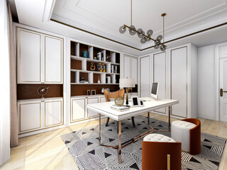 3D rendering, spacious modern residential study design, with laptop, desk, bookshelf and piano
