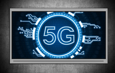 5G network internet mobile wireless interface icon on digital screen.