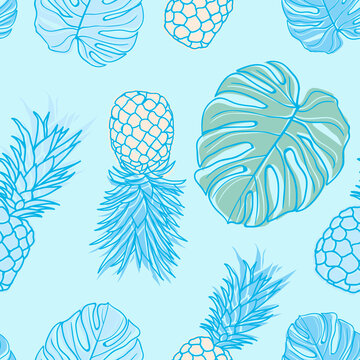 Tropical floral leaves, palm leaves, monstera, pineapple seamless pattern background. Exotic jungle wrapping paper. Beautiful print with hand drawn exotic plants. Summer design for fashion, print